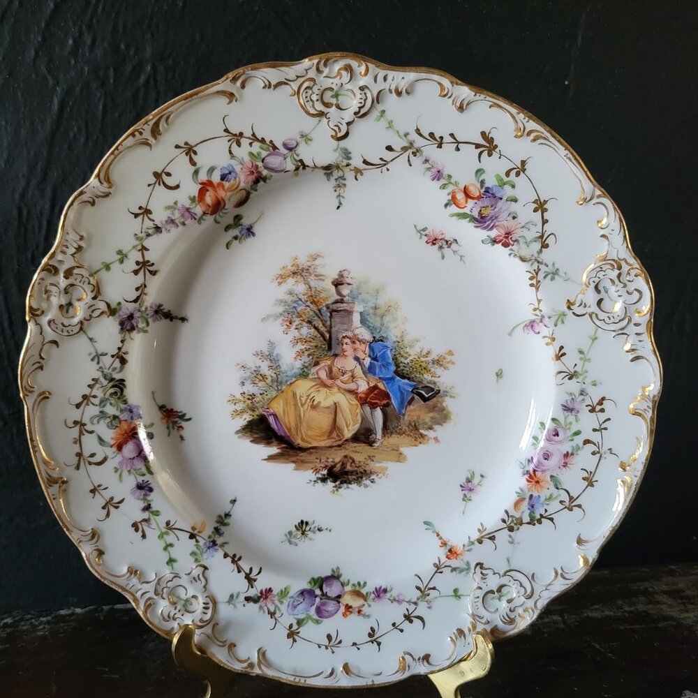 Antique Meissen Deep Plate Courting Couple Romantic Scene Floral Design 8.75"